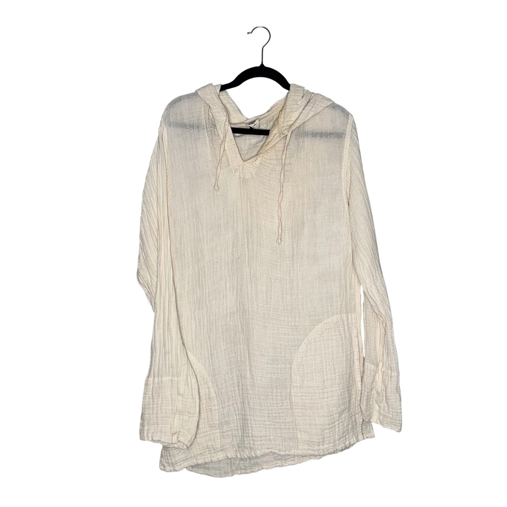 Cotton Flower Hooded Gauze Tunic Womens OS Cream Excellent Boho Beach Top